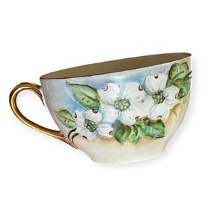 Antique Japan Hand Painted Floral Teacup White Dogwood Gold Handle 3.25" Wide